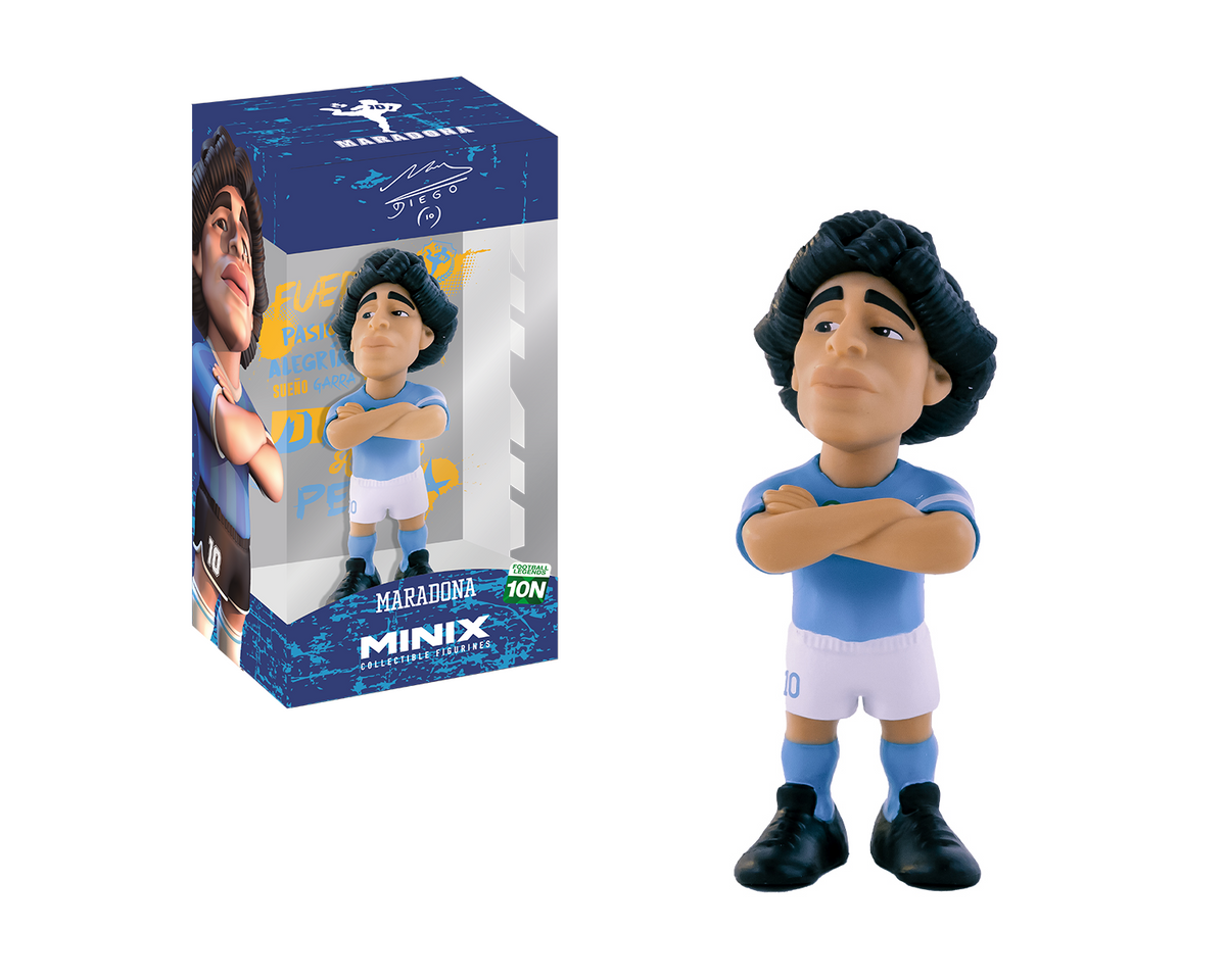 Minix Diego Maradona Napoli figurine with curly black hair, blue shirt, white shorts, crossed arms and black boots.