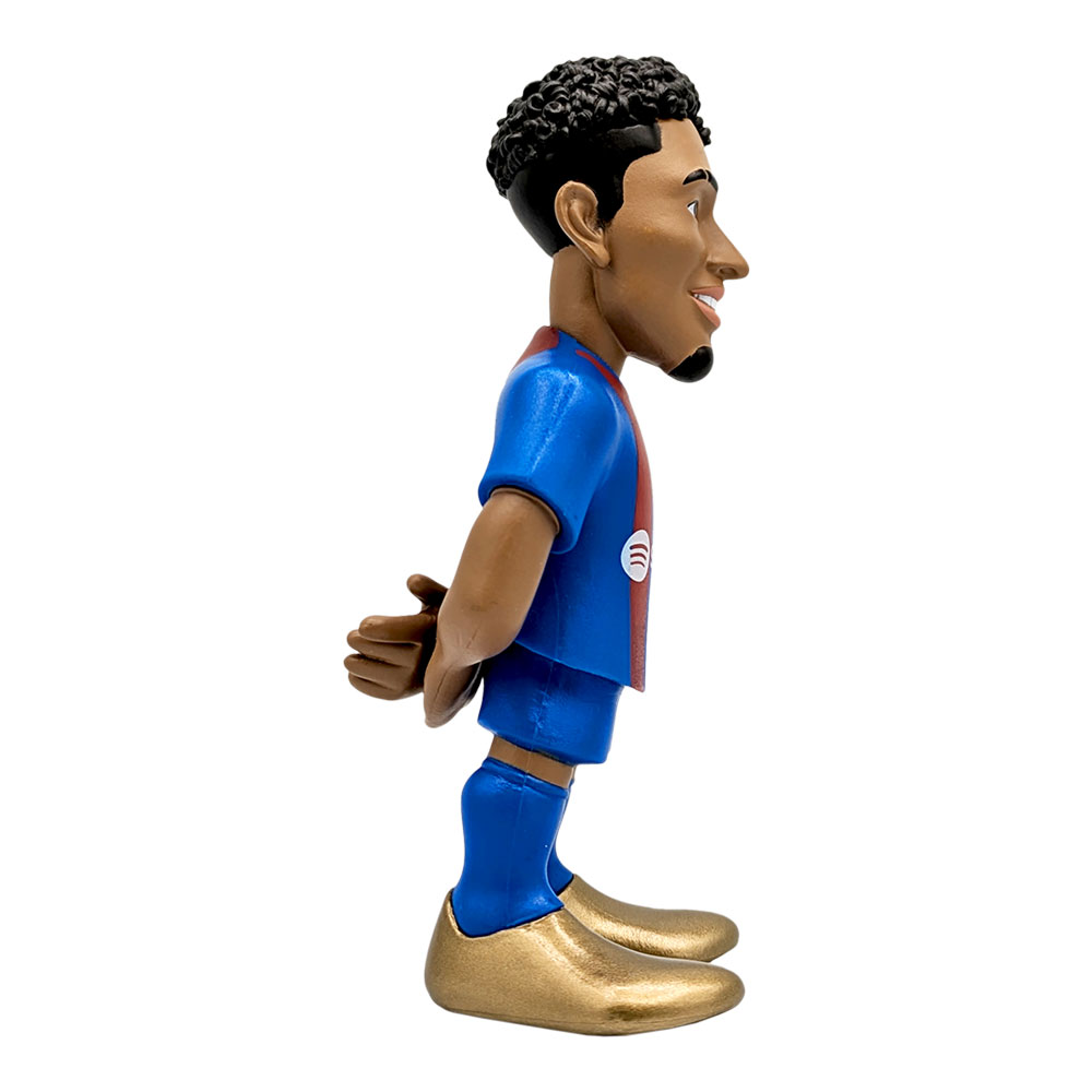 Minix Raphinha FC Barcelona figurine in a blue and red kit, with curly black hair and oversized gold boots.