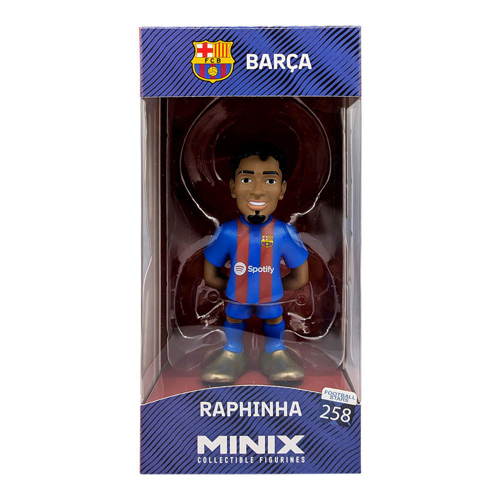 Minix Raphinha FC Barcelona figurine in a blue and red striped kit, displayed in a branded clear box.
