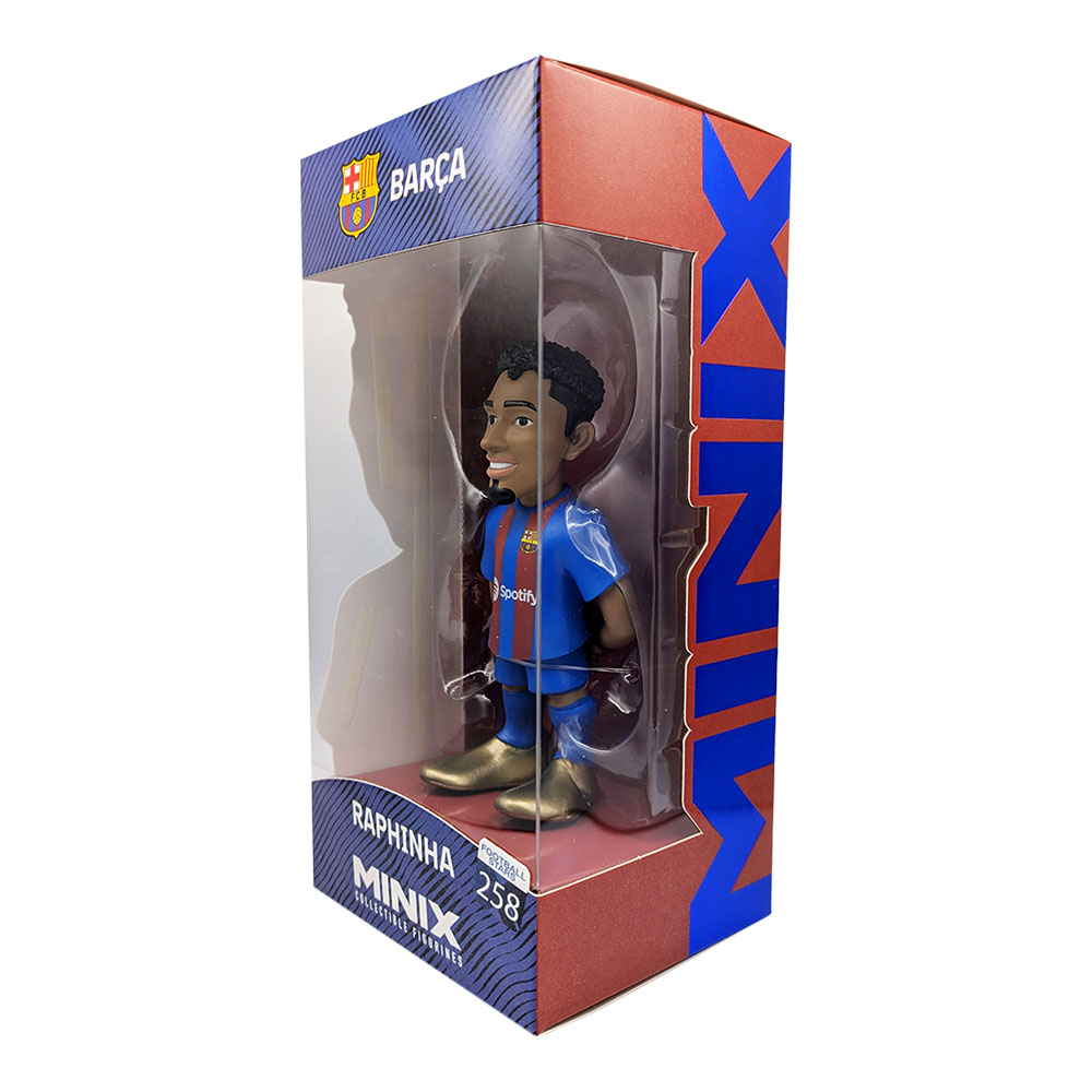 Minix Raphinha FC Barcelona figurine in a blue and red striped kit, with a sculpted figure in a clear display box.