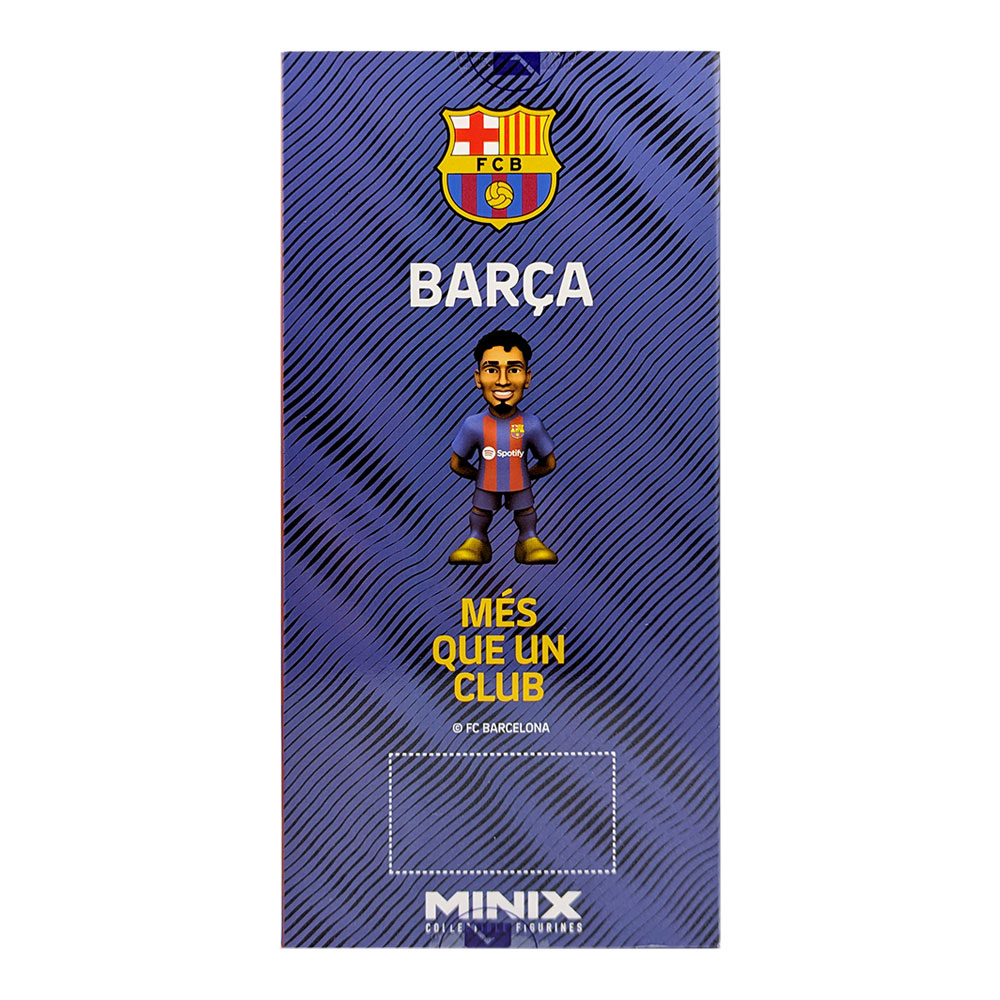 Minix Raphinha FC Barcelona collectible figurine with a blue and red striped kit, displayed on a patterned Barça box.