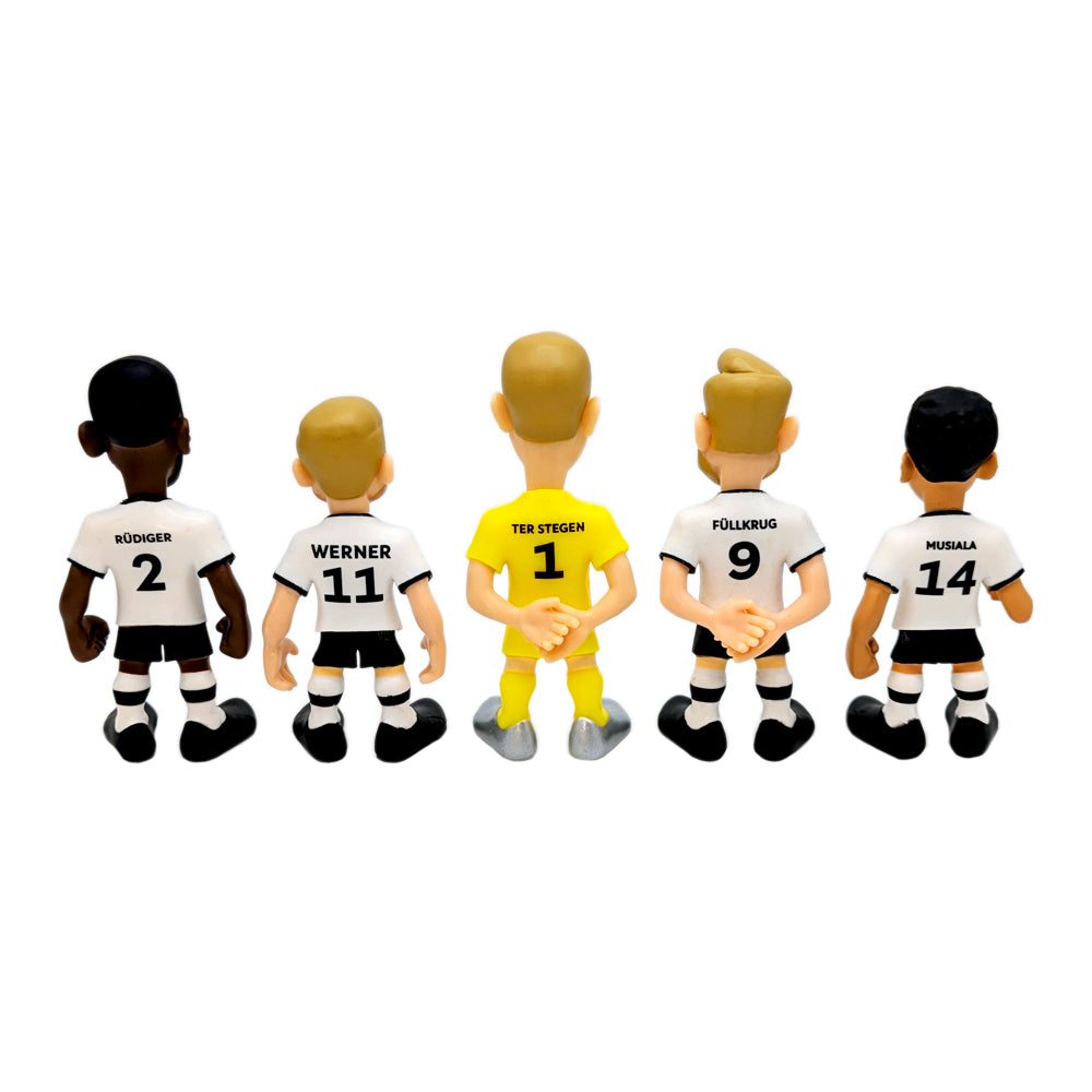 Minix Germany National Team 5-pack collectible figurines showing back view of Ter Stegen, Gündoğan, Rüdiger, Füllkrug, and Musiala in official DFB kit.