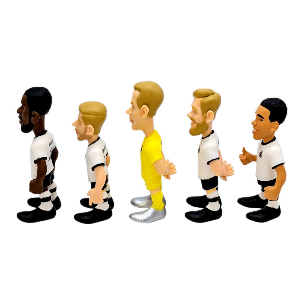 Minix Germany National Team 7cm collectible figurines set featuring Ter Stegen, Gündoğan, Rüdiger, Füllkrug, and Musiala in official DFB uniforms.