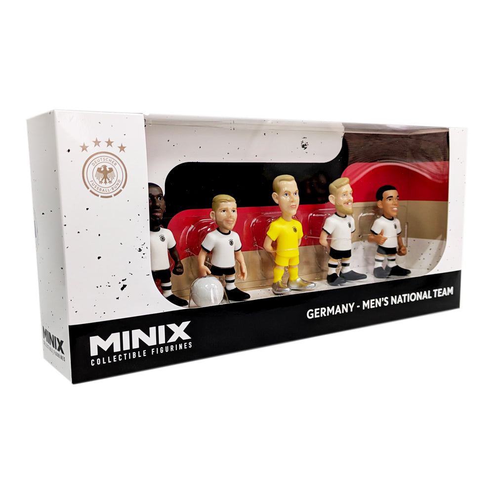 Minix Germany National Team 5-pack collectible 7cm figurines of Ter Stegen, Gündoğan, Rüdiger, Füllkrug, and Musiala in official DFB packaging.