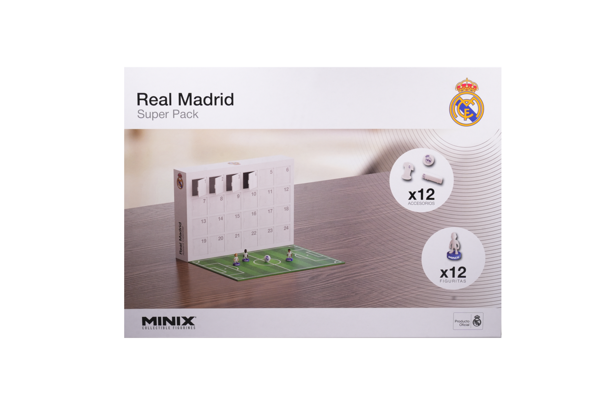 Real Madrid Official soccer Calendar tabletop soccer game with 24 days of mini player figures and accessories in authentic club design by Minix
