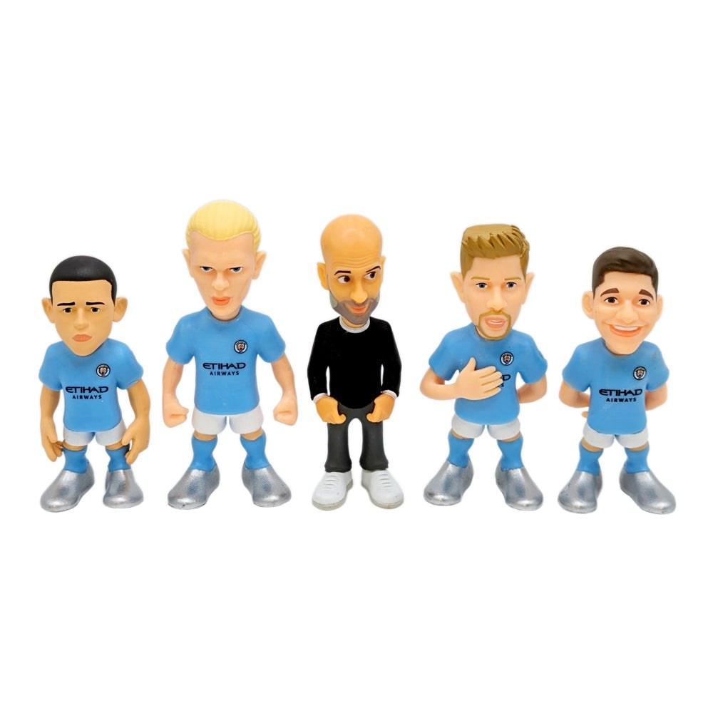 Minix Manchester City football figurines with five detailed characters in sky-blue kits, black outfit, and silver shoes