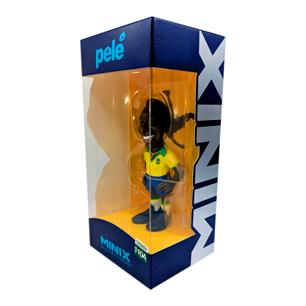 Minix Pelé Brazil Home Kit collectible figurine in a yellow and green uniform, displayed in a navy window box with MINIX branding.