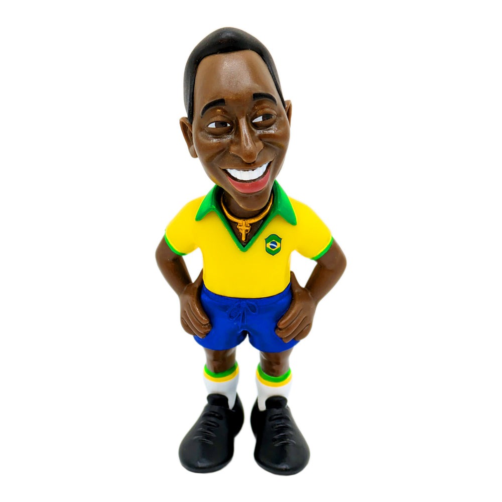 Minix Pele football figurine collection showcasing five iconic looks including O-Rei Edition and historic Brazil kits
