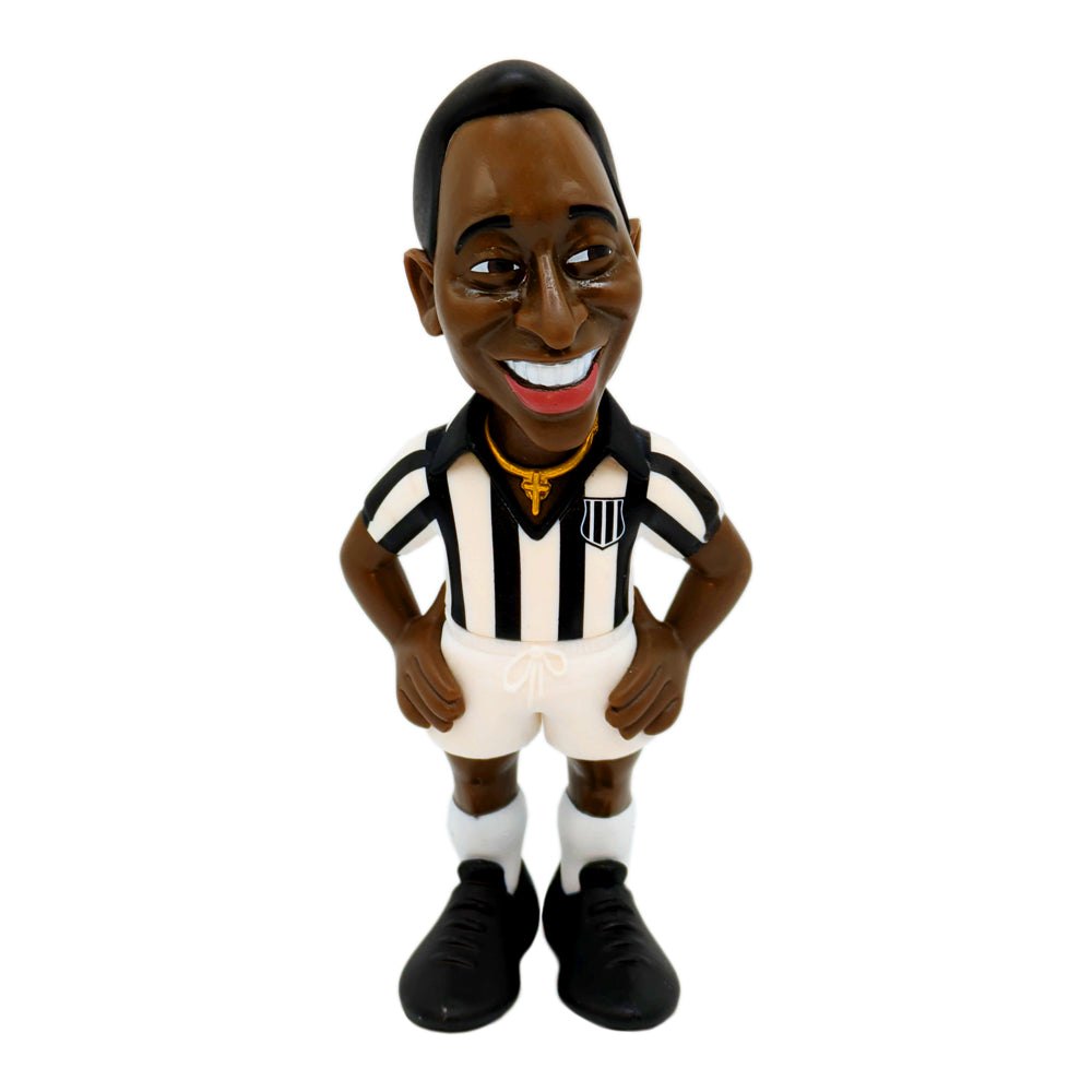 Minix Pele collectible figurine in classic Santos FC black and white kit, 12cm tall soccer memorabilia for fans and collectors.