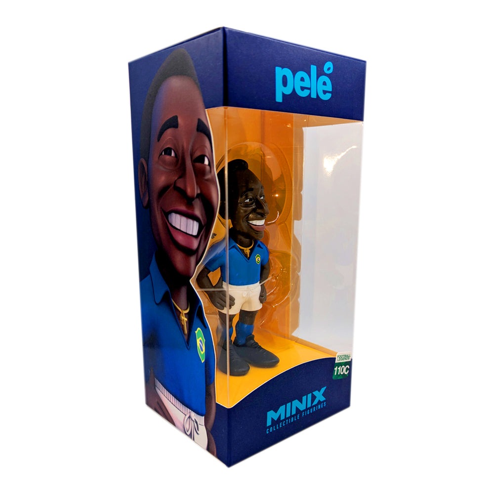 Minix Pele collectible figurine showcasing five iconic football looks including Brazil, Santos FC, and limited O-Rei Edition.