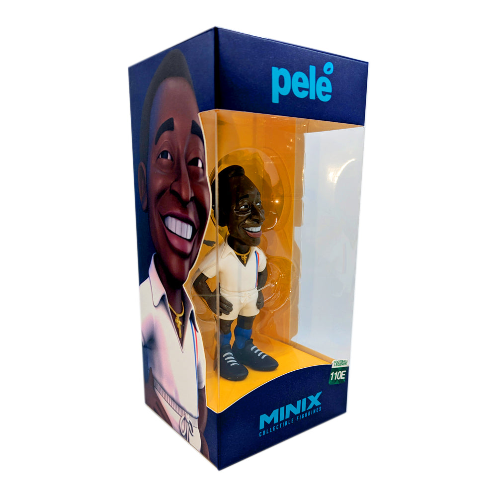 Minix Pelé Escape to Victory Edition figurine in a blue and orange display box, wearing a white football kit and blue boots.
