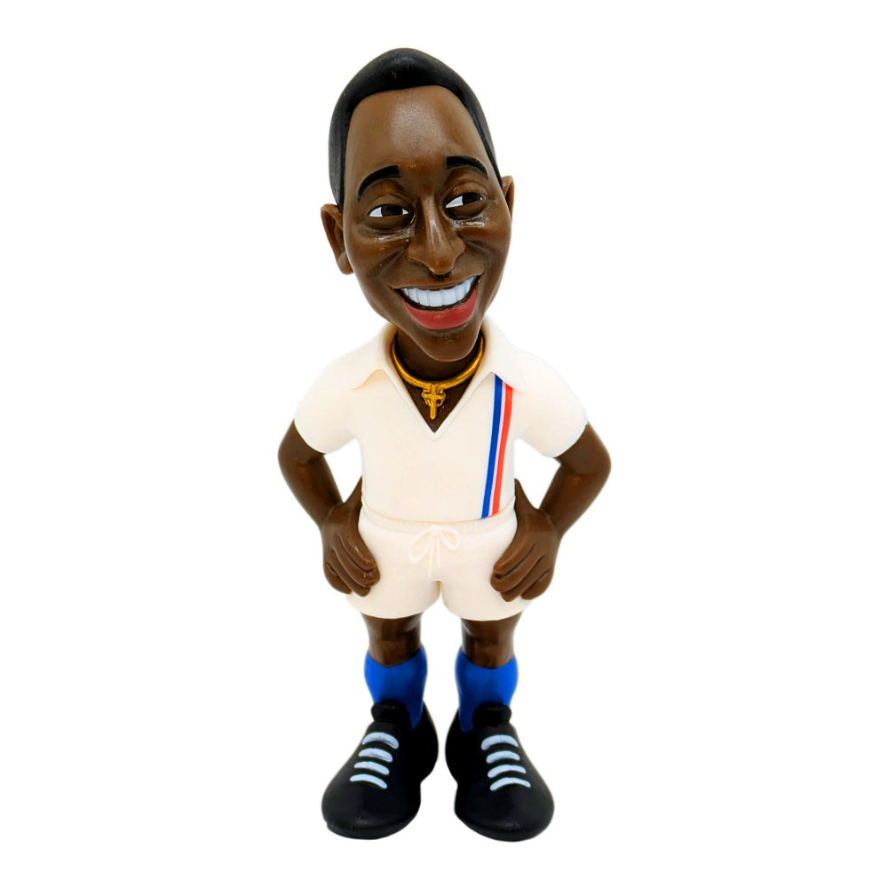 Minix Pele collectible figurine in white and blue kit, 12cm tall soccer legend model for fans and collectors