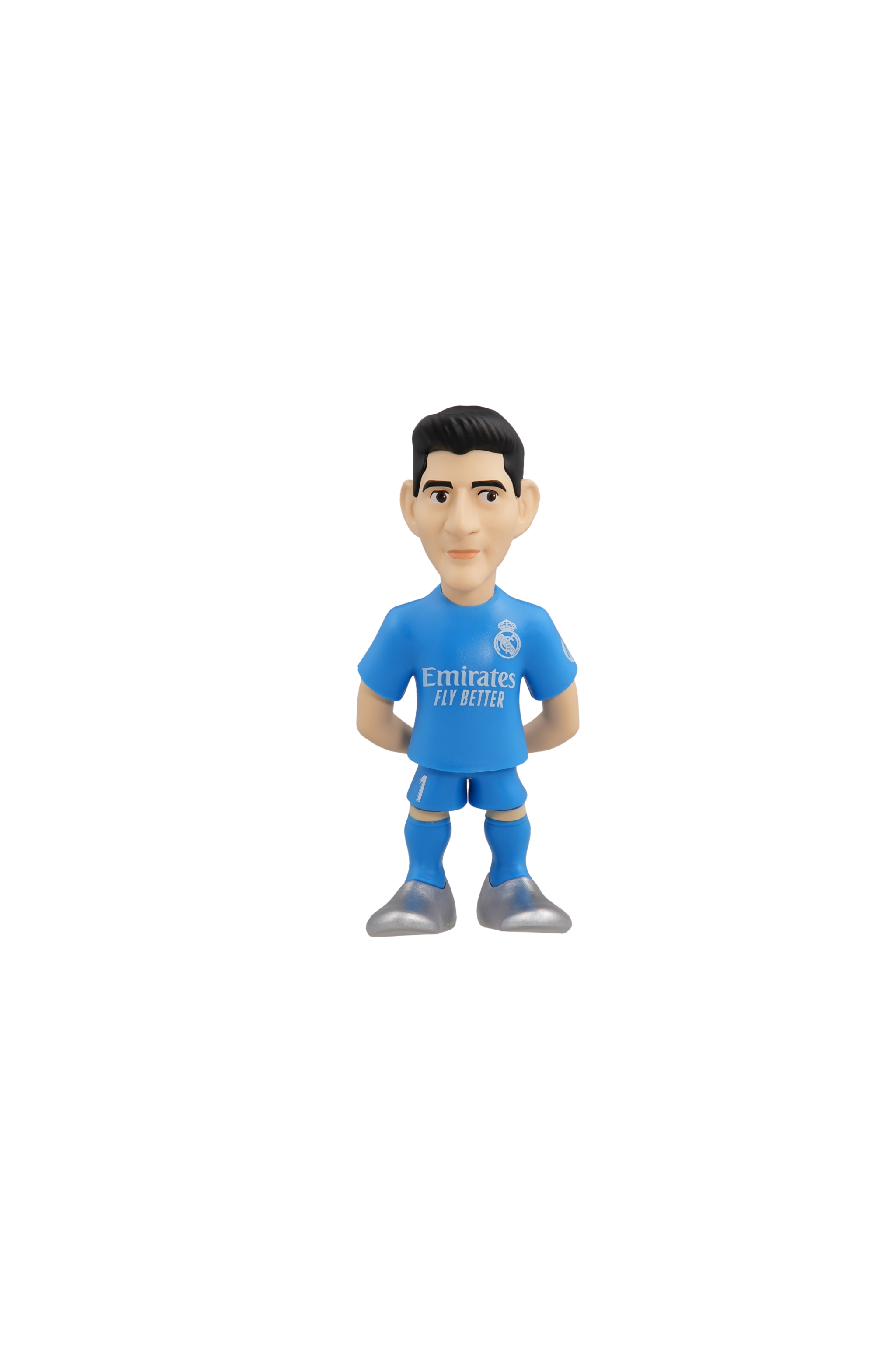 Minix Real Madrid 5-pack V4 collectible football figurines featuring Courtois, Vinícius Jr., Bellingham, Carvajal, and Mbappé in authentic kits