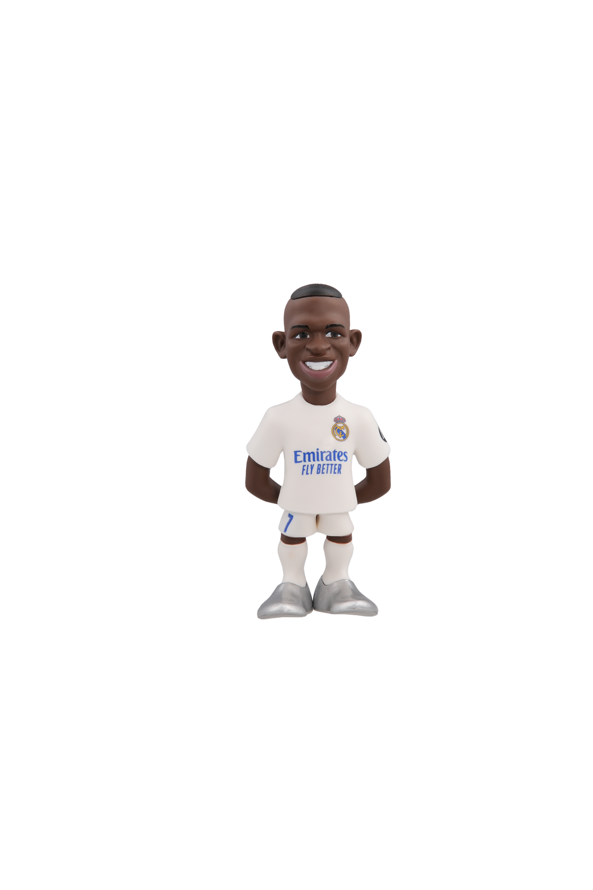 Minix Real Madrid 5-pack football figurines featuring Courtois, Vinícius Jr., Bellingham, Carvajal, and Mbappé in official kits