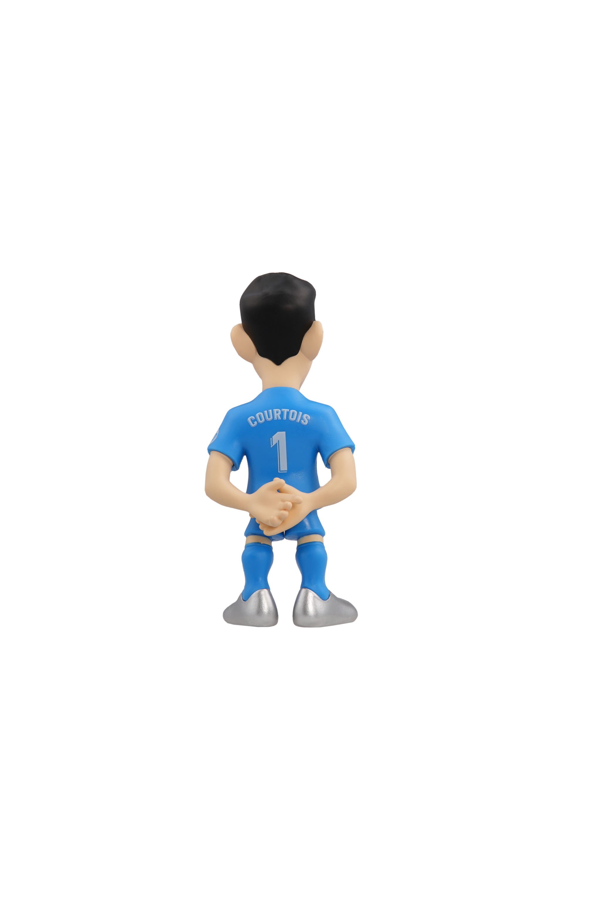 Minix Real Madrid 12cm collectible figurine of Courtois in detailed blue goalkeeper kit, official licensed football star model.