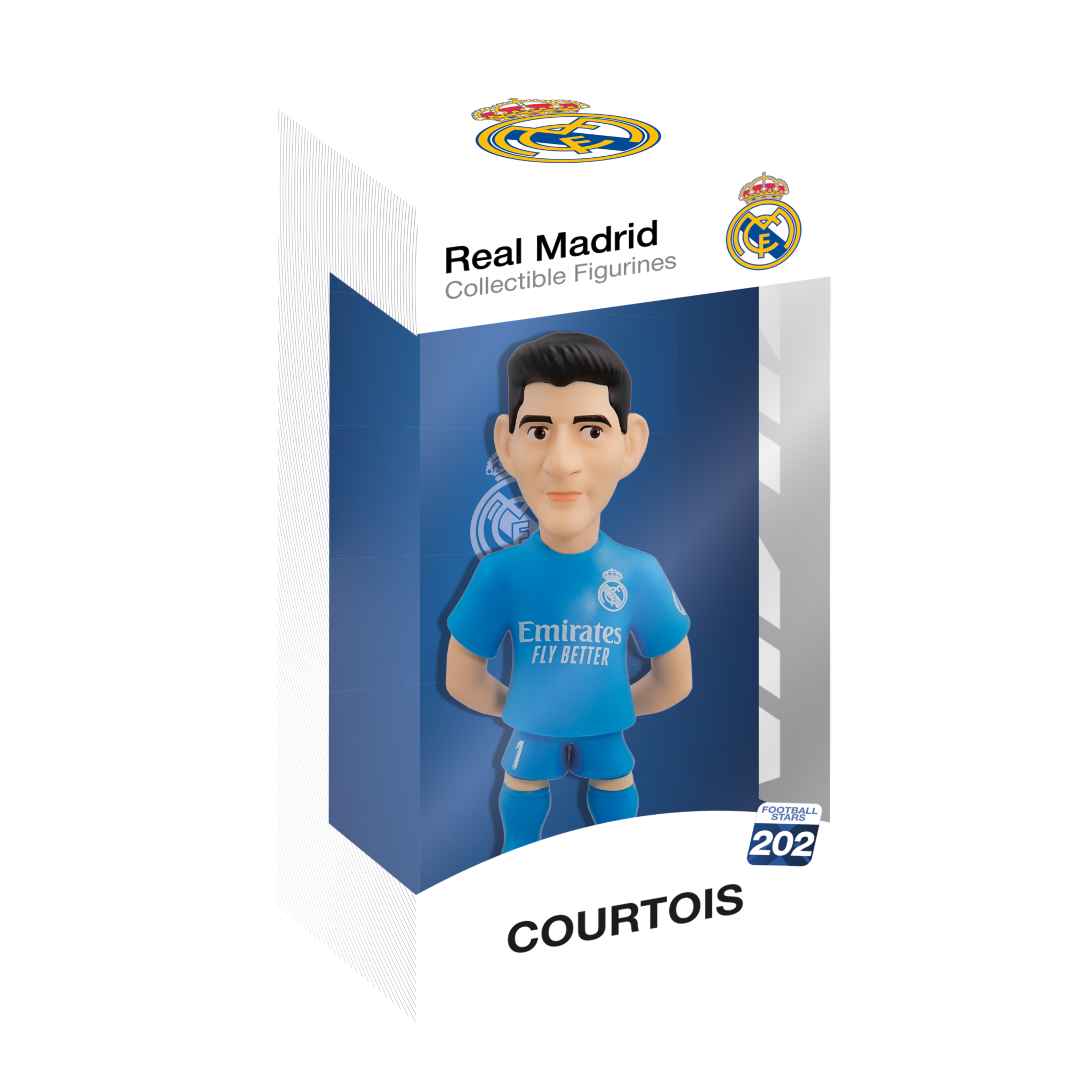 Minix Real Madrid collectible figurine of Courtois in blue kit, official licensed 12cm football star.