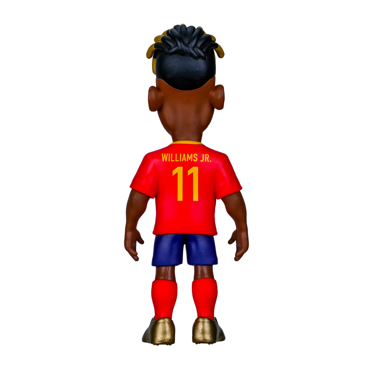 Minix Nico Williams Spain football figurine in a red number 11 jersey, blue shorts, red socks and gold boots, viewed from behind.