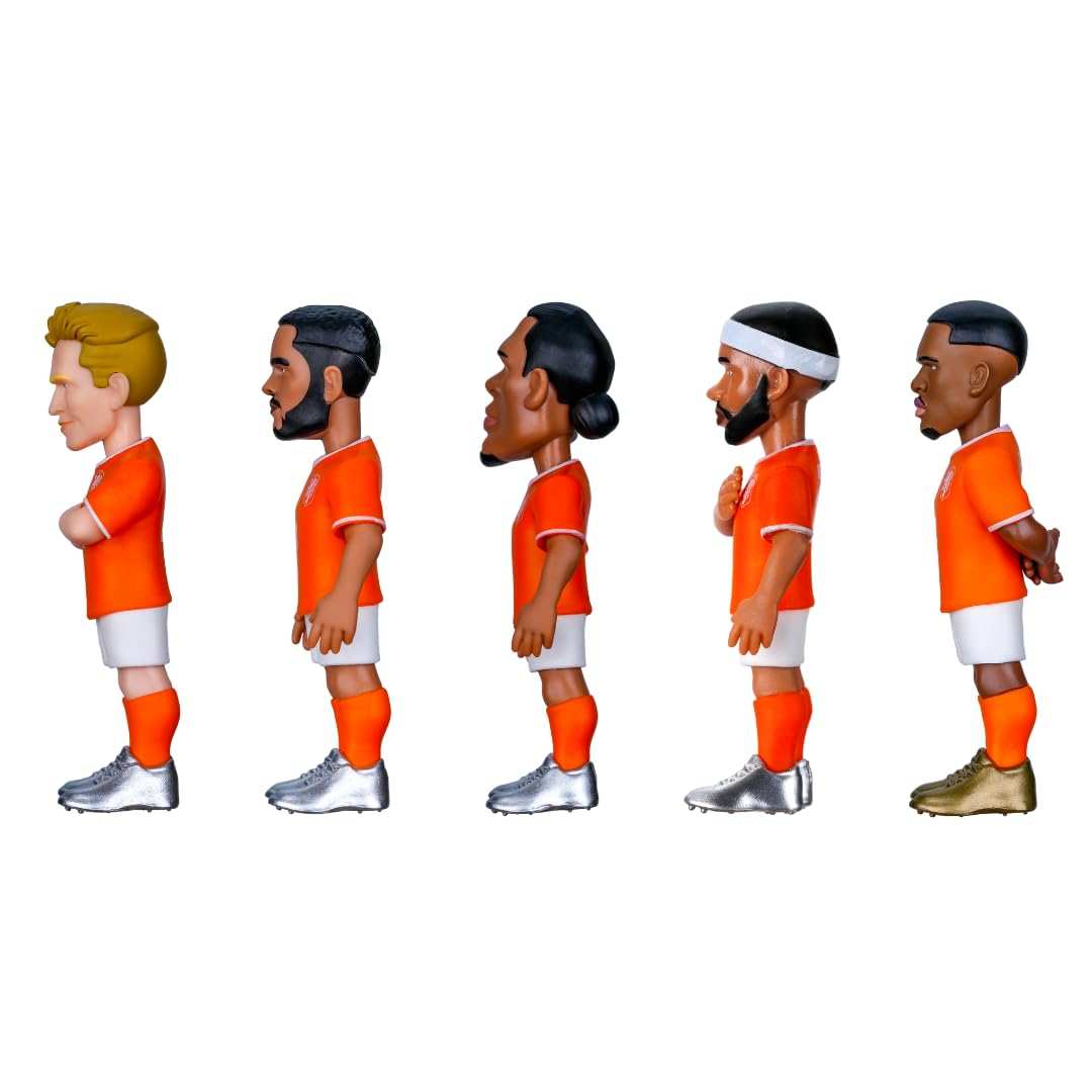 Minix 5-pack Netherlands National Team soccer figurines in official orange kits, featuring Van Dijk, Depay, De Jong, Gakpo, and Dumfries, 7cm tall collectibles
