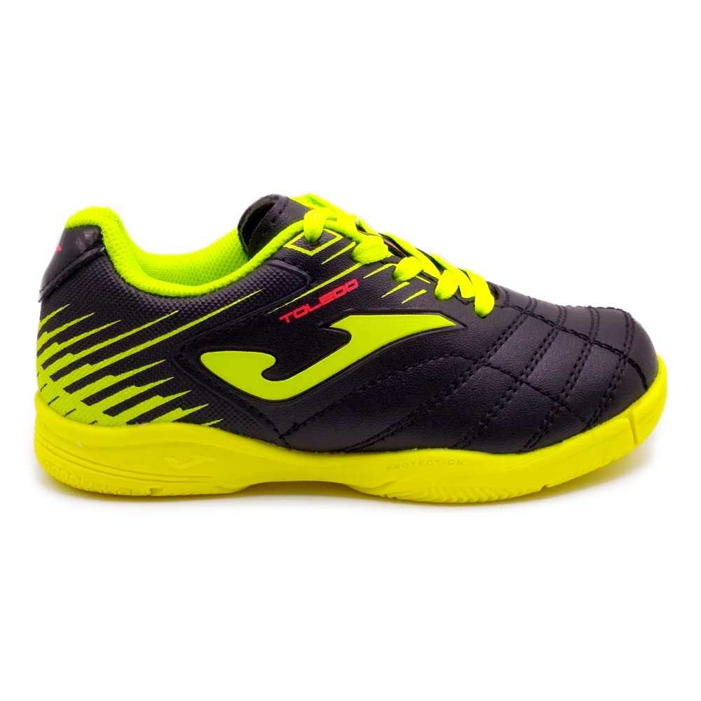 Joma Toledo Junior indoor soccer shoes in black and neon yellow for kids