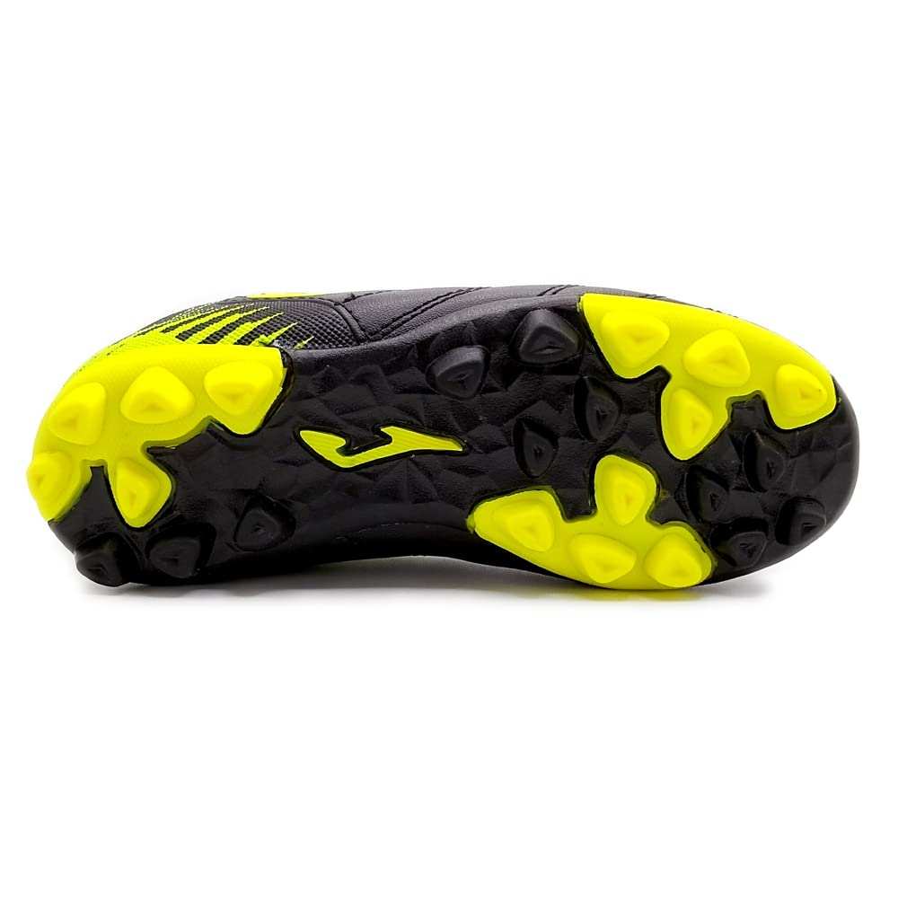 Junior Firm Ground Soccer Cleats by Joma in black with lightweight Fibertec synthetic upper and multi-surface outsole designed for young players.