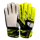 Reusch-Attrakt Solid Junior Goalkeeper Gloves in yellow and black with synthetic latex palm for artificial grass and hard surfaces.