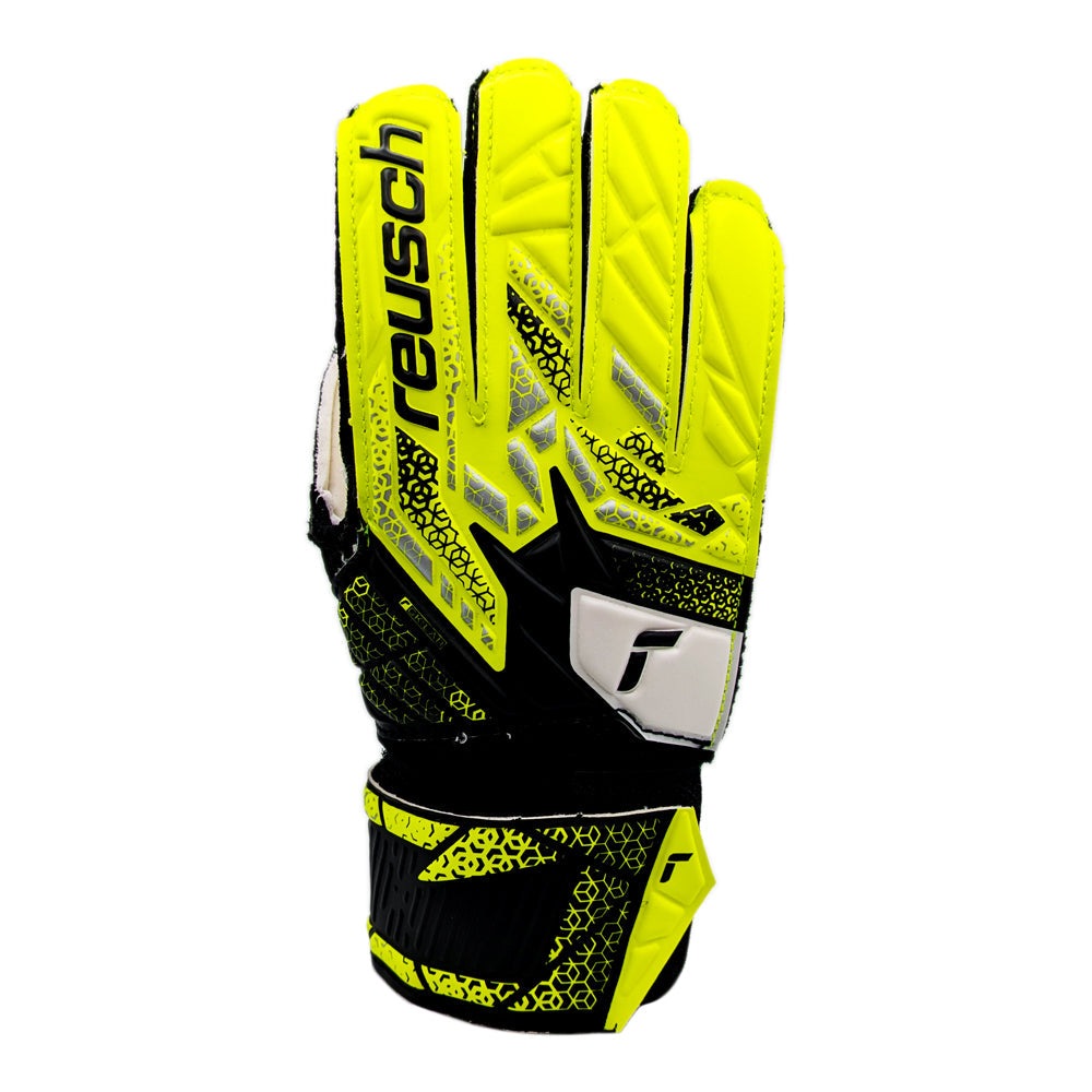 Reusch Attrakt Solid Junior Goalkeeper Gloves in yellow and black with expanse cut and open cuff for youth goalkeepers.