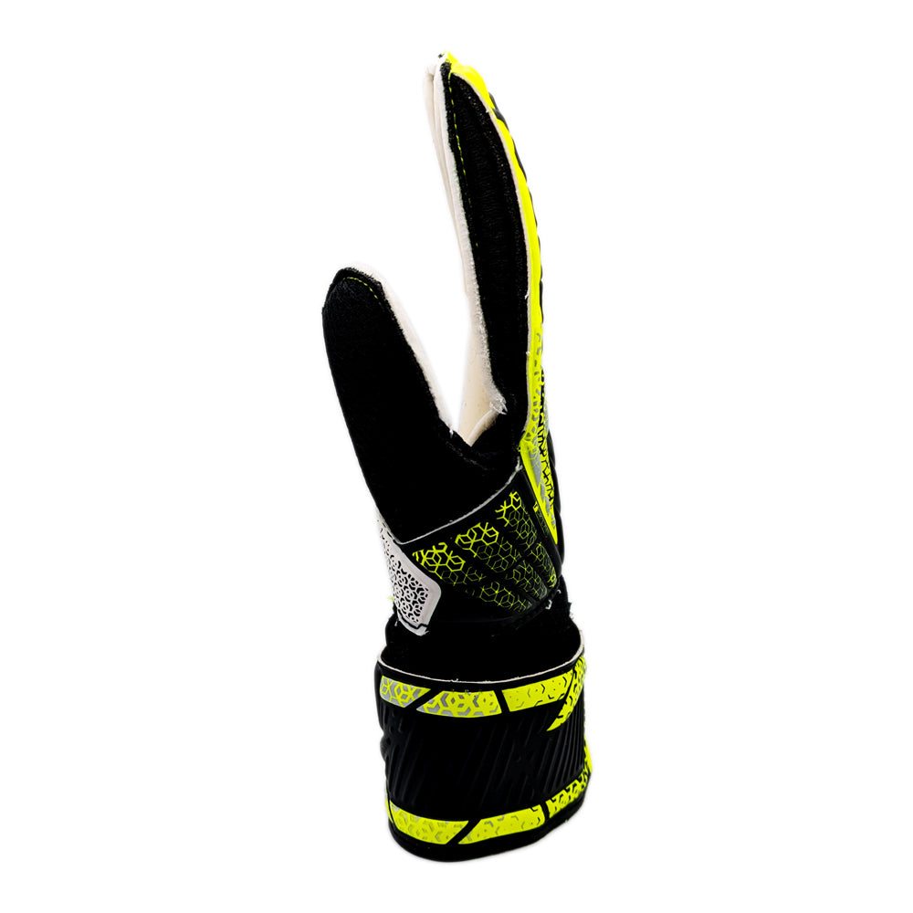 Reusch Attrakt Solid Junior Goalkeeper Gloves with black and yellow design, breathable mesh backhand, and adjustable full strap for enhanced fit and durability.