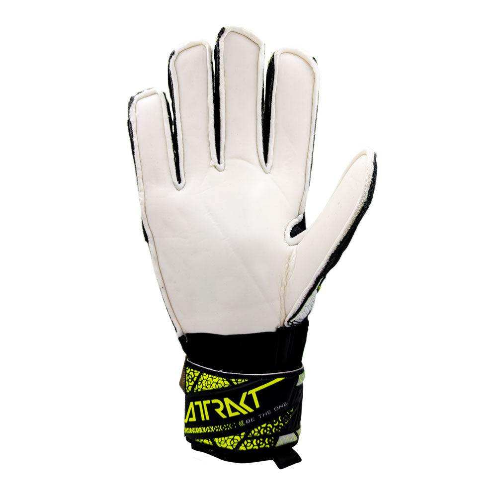 Reusch Attrakt Solid adult goalkeeper glove with latex-free palm, expanse cut, open cuff, full strap, and breathable backhand for durability and comfort on hard surfaces