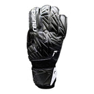 Reusch Attrakt Solid black goalkeeper glove with expanse cut, open cuff, and punch foam padding for durability and flexibility.