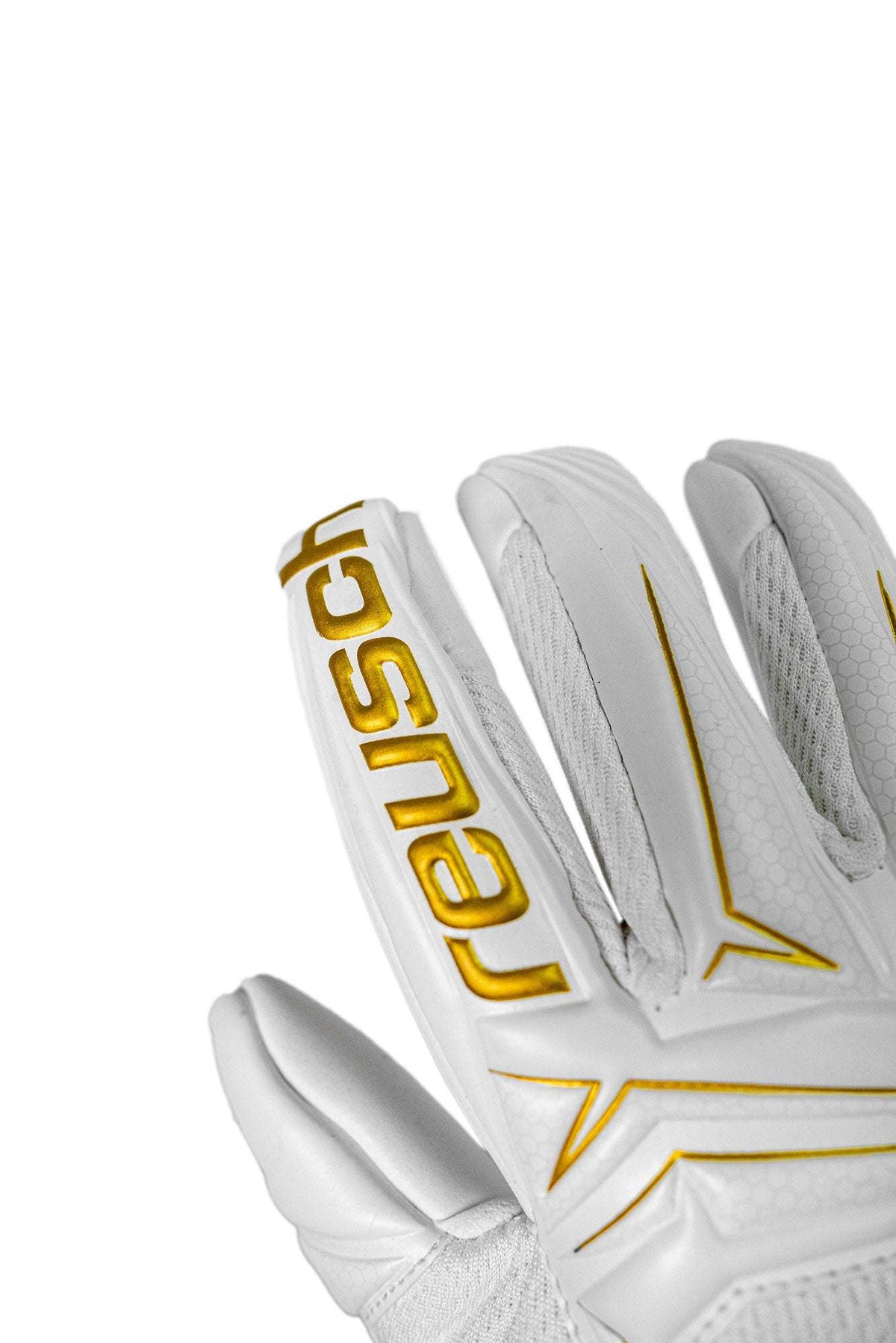 Junior goalkeeper glove, Reusch Attrakt AB1, white with gold lettering and angular accents, textured padded backhand and mesh panels.