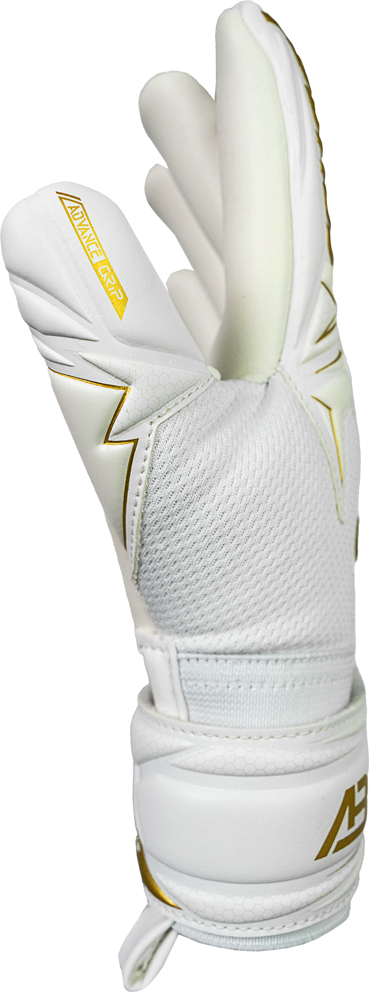 Reusch Attrakt AB1 junior goalkeeper glove in white with gold trim, textured mesh backhand and padded wrist strap.