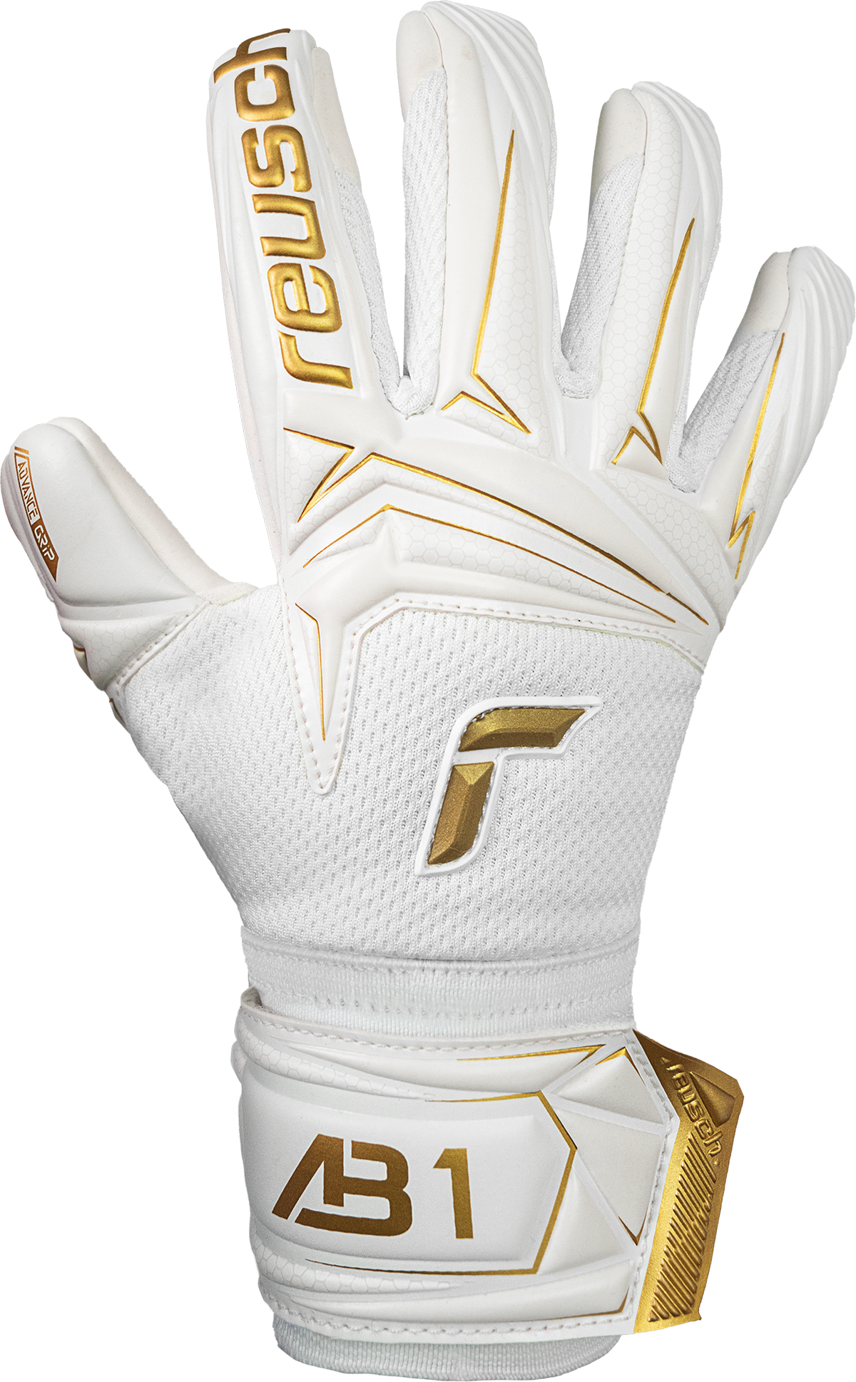 Reusch Attrakt AB1 Advance Junior goalkeeper glove in White-Gold, front view