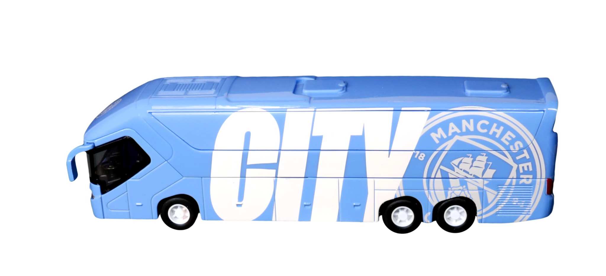 Manchester City collectible miniature team bus sky blue die-cast model with friction power engine and official club branding