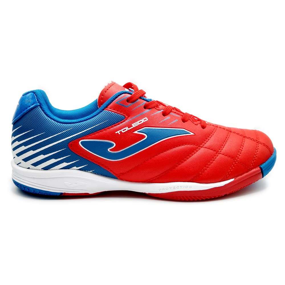 Toledo JR Kids Indoor Soccer Shoe in red and blue royal with non-marking outsole and cushioned EVA insole