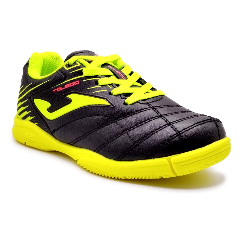 Joma Toledo Junior indoor soccer shoes in black and neon yellow with non-marking sole and lightweight design