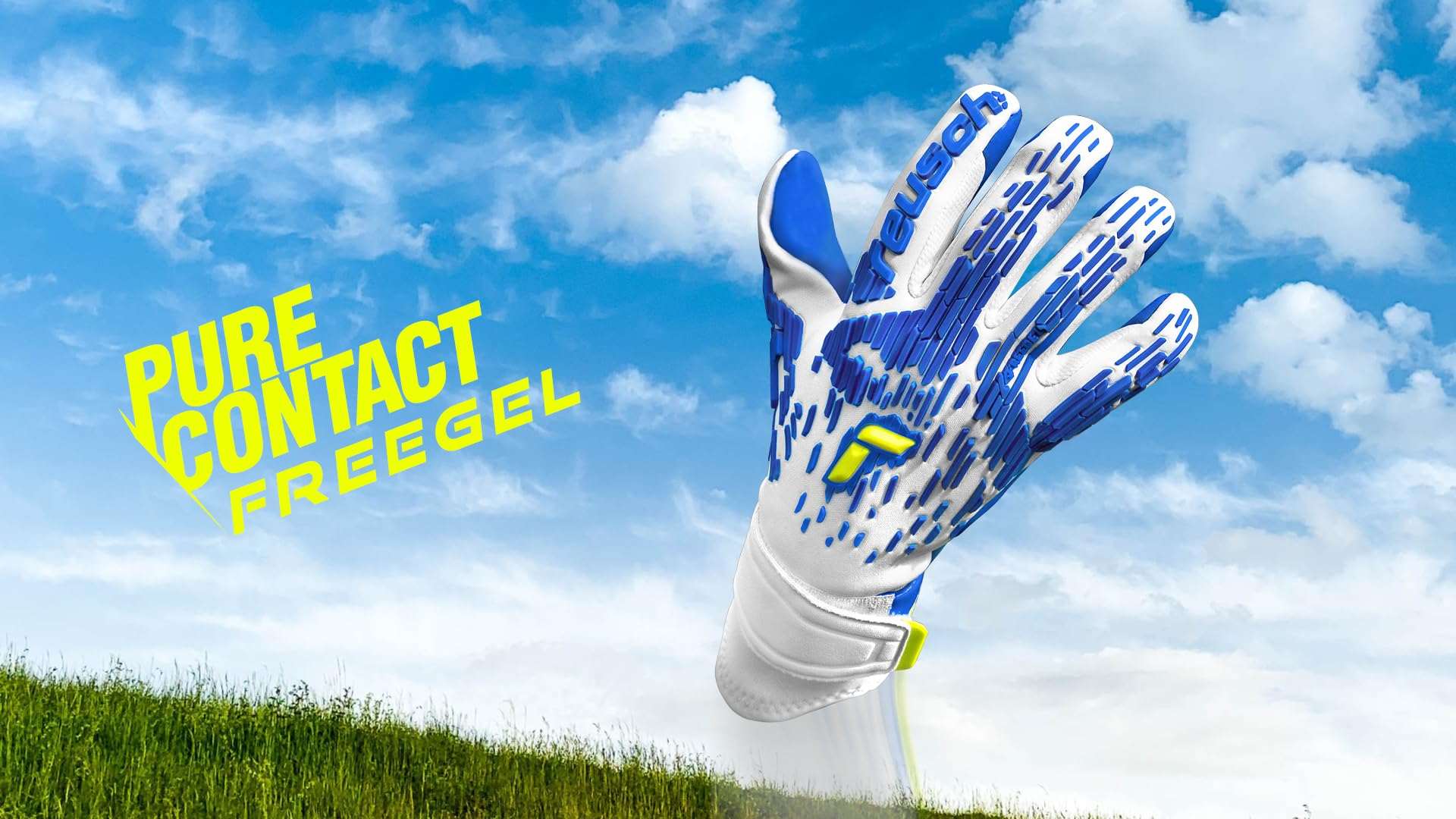 Reusch Pure Contact Freegel Duo goalkeeper gloves size 10 white blue with Evolution Negative Cut and Steady Cuff wrist closure