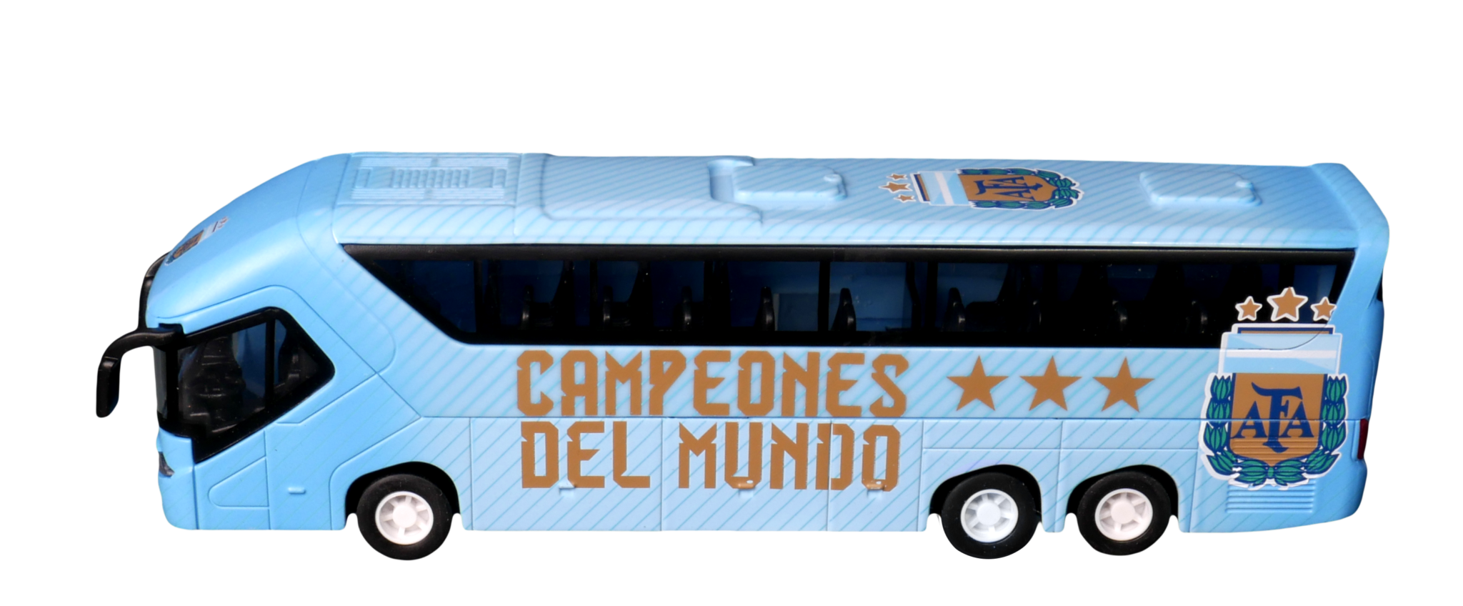 Mini Bus Toy die-cast model in authentic club colors with detailed exterior and "Campeones del Mundo" branding for soccer fans.