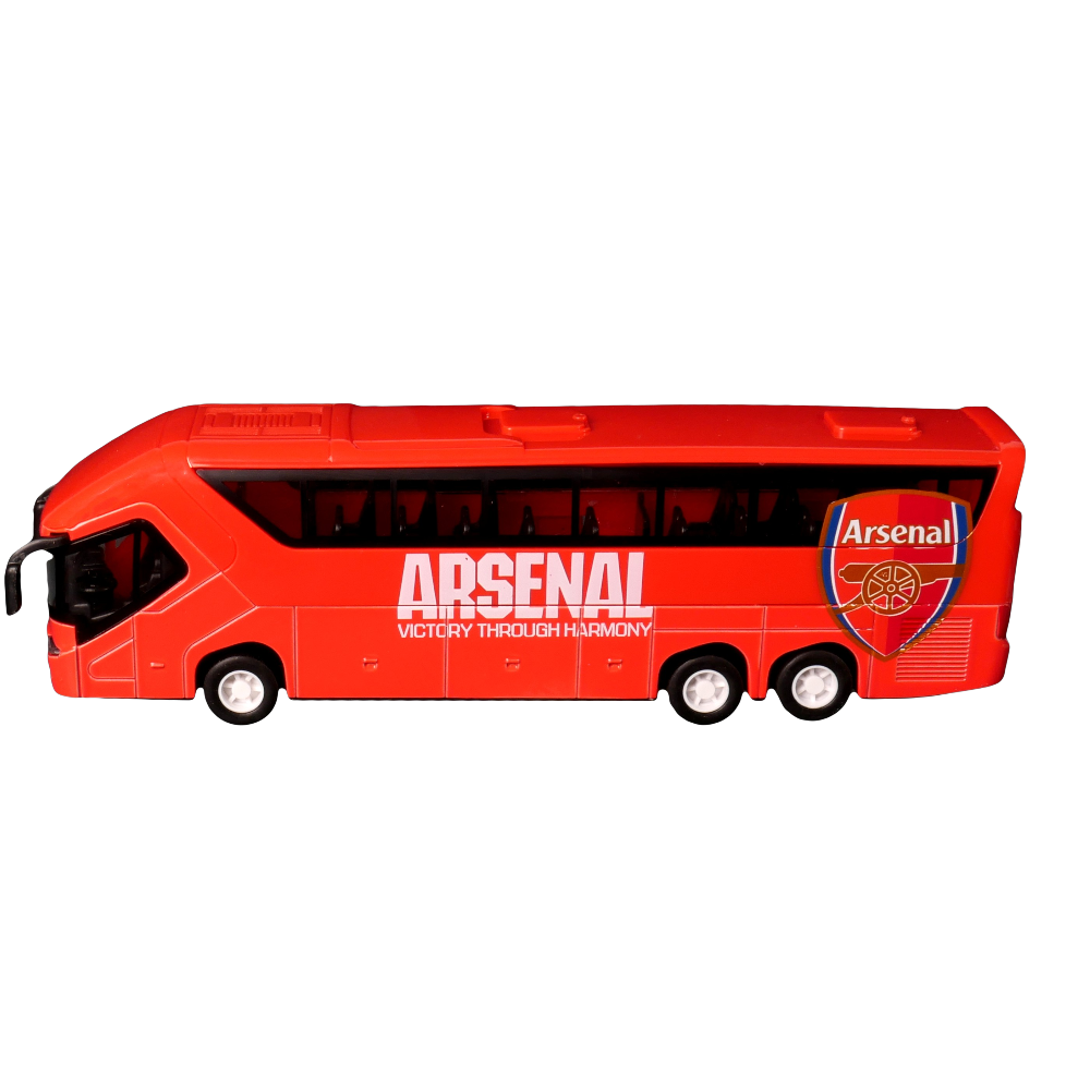 Arsenal Mini Team Bus collectible in bright red with black windows, white Arsenal lettering, crest and six wheels.