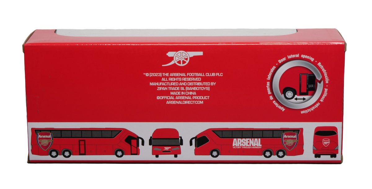 Arsenal Mini Team Bus collectible in a red cardboard box featuring illustrations of the red team bus and Arsenal crests