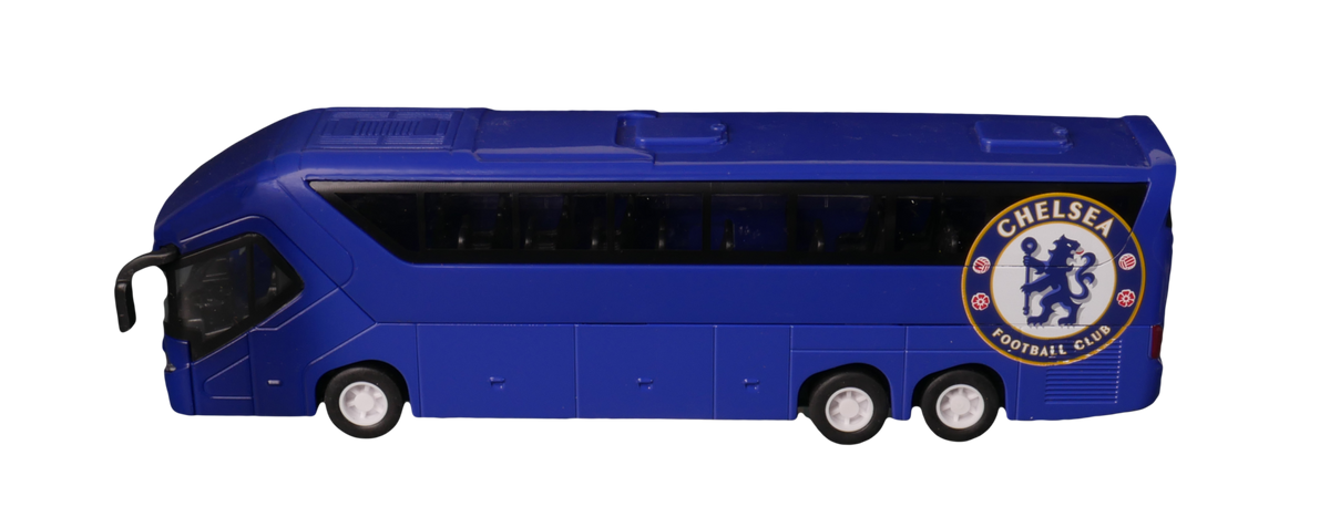 Chelsea Mini Team Bus miniature coach in deep blue with Chelsea crest, dark windows and silver wheel details.