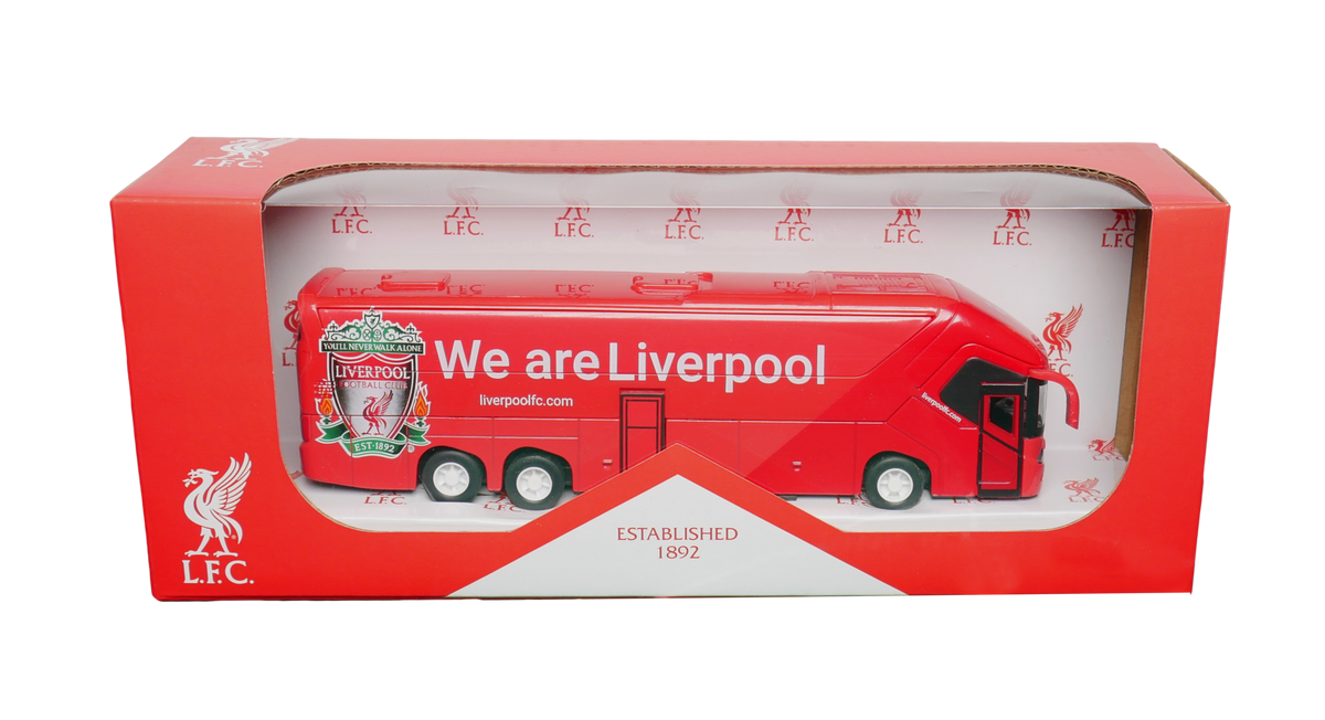 Liverpool Mini Team Bus, red miniature coach with Liverpool crest and white lettering in a display box