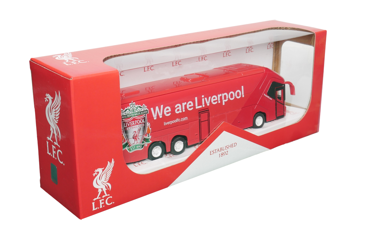 Liverpool Mini Team Bus, a red miniature coach with “We are Liverpool” graphics and Liver bird crests in a display box.
