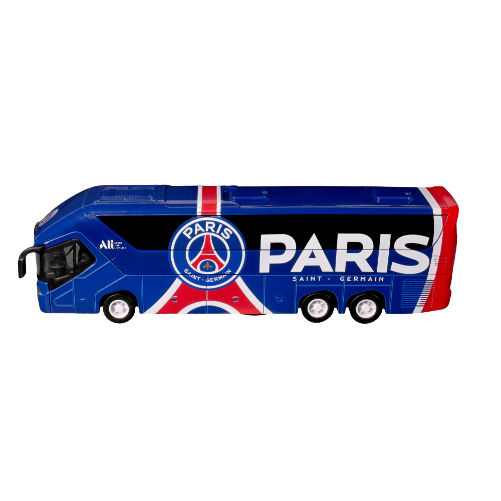 PSG Mini Team Bus miniature coach in blue with red and white stripes, PSG crest, large PARIS lettering and silver wheels.