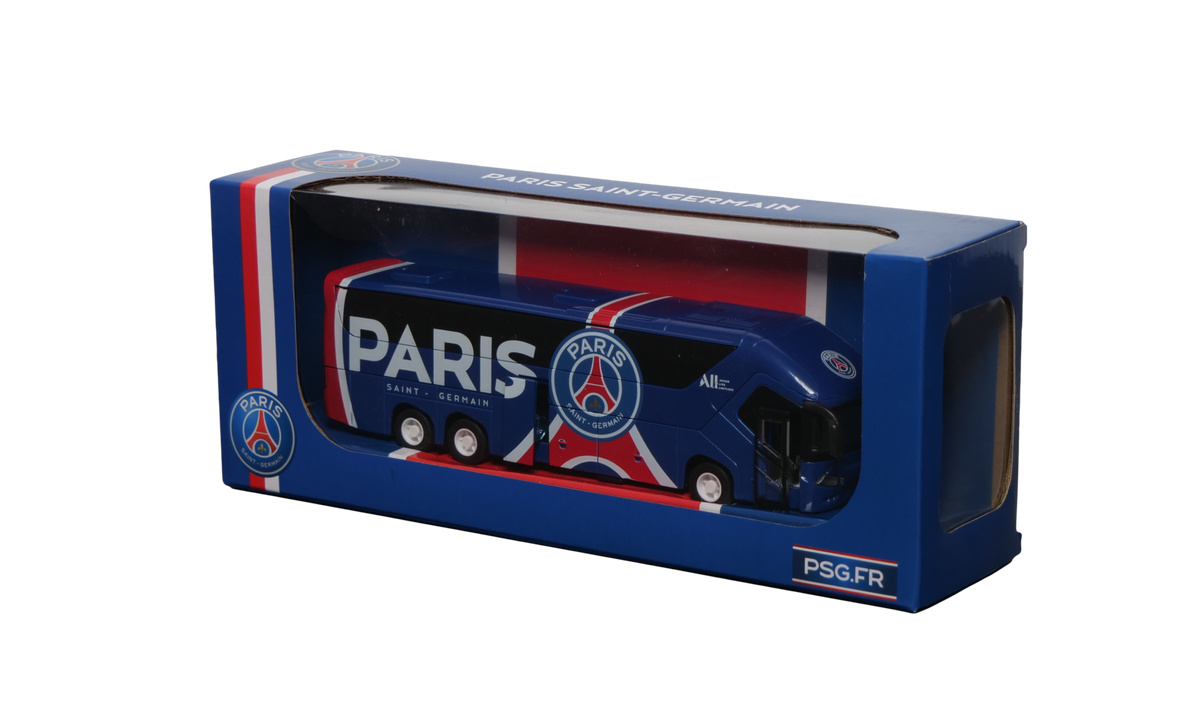 PSG Mini Team Bus, a navy blue miniature coach with red and white stripes, club crests and Paris lettering in a display box.