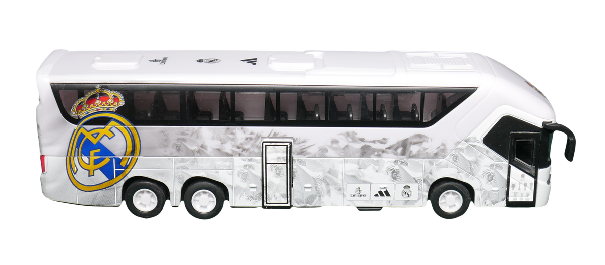 Real Madrid Mini Team Bus, white miniature coach with gray marble pattern, black windows and large club crest.
