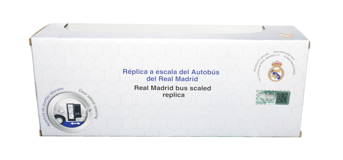 Real Madrid Mini Team Bus in a white display box with blue lettering, hexagonal pattern and club crest.