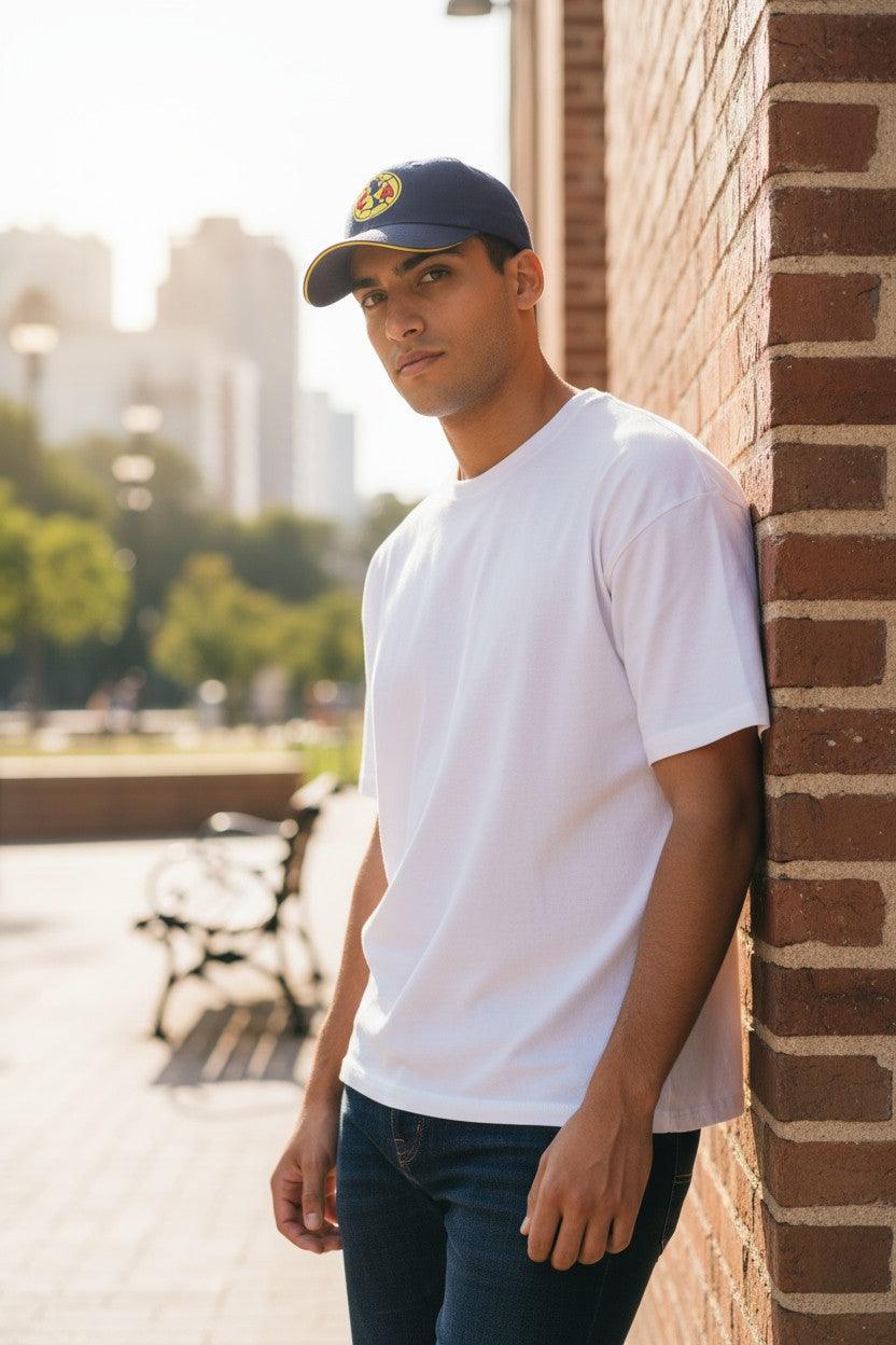 Man wearing Fan Ink officially licensed adjustable Football Hat with team logo outdoors