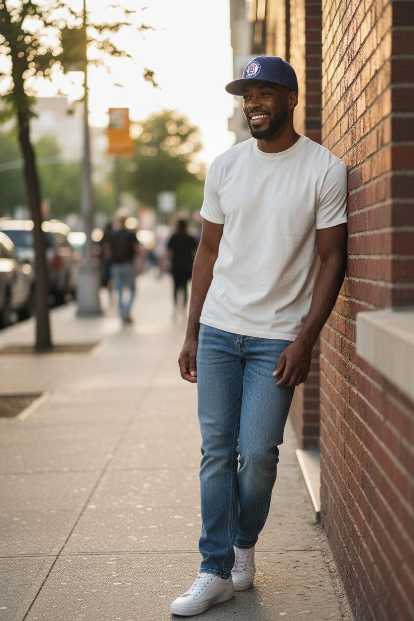 Man wearing Fan Ink officially licensed team snapback hats with embroidered logo walking on city sidewalk