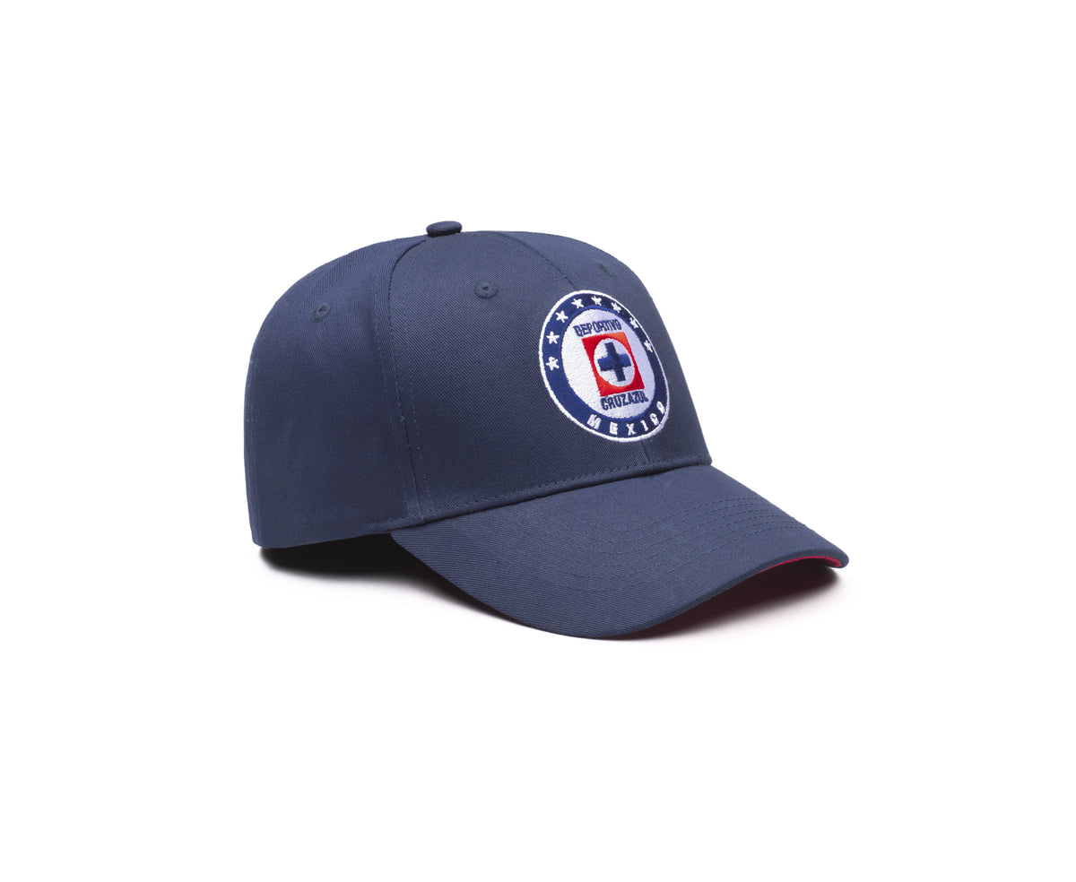 Cruz Azul Adjustable Cap in navy twill, featuring an embroidered club crest and curved bill with a red edge.