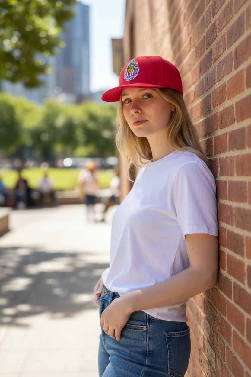 Woman wearing red Fan Ink Officially Licensed Team Snapback Hat with embroidered logo, white t-shirt, and jeans outdoors near brick wall